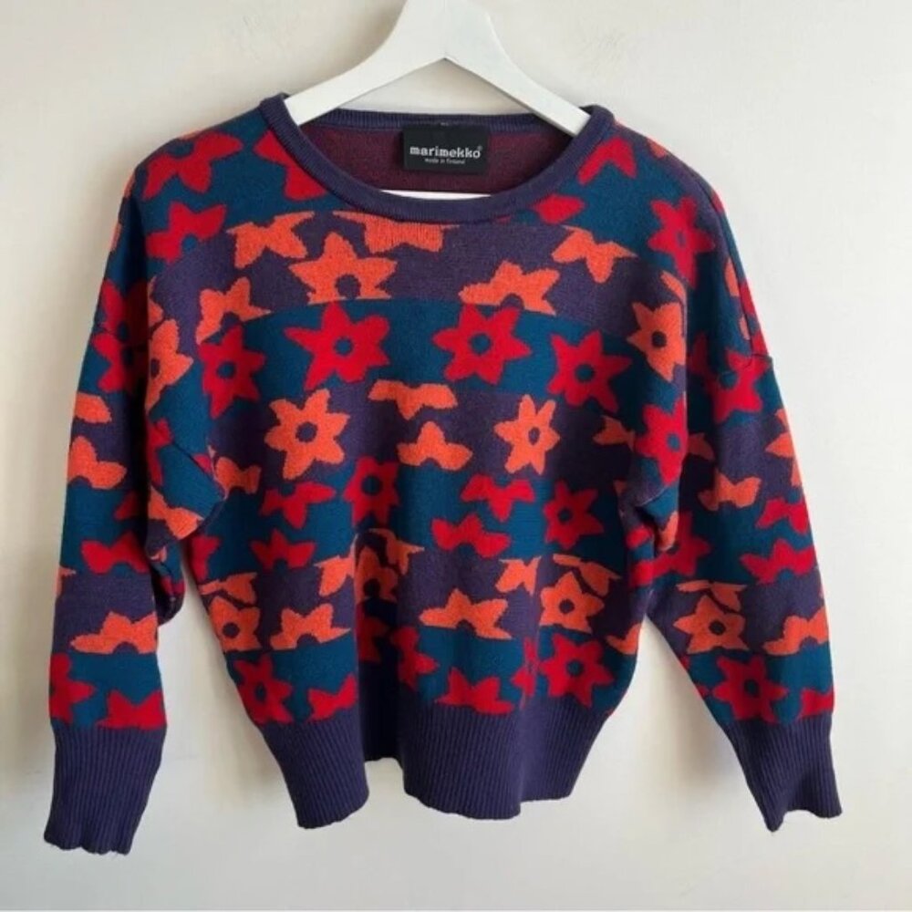 Marimekko Vintage Wool Sweater Size S Made in Finland Flower Print Multicolor - Picture 3 of 10